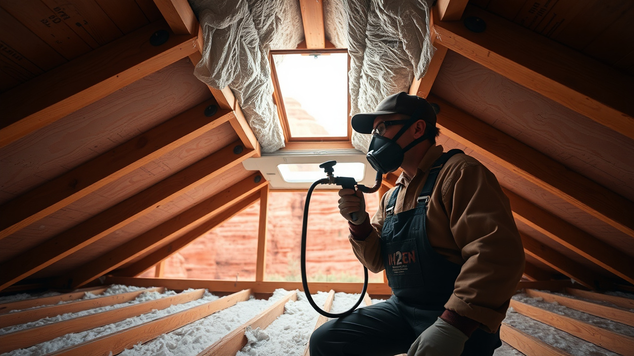 Technician spray-applying closed-cell spray foam insulation to a roof deck in a Sedona, Arizona attic with red rocks visible through the window