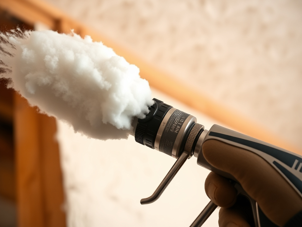 Close-up of a spray foam insulation gun applying cured foam texture