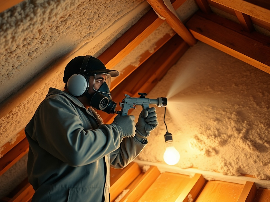 Technician spraying foam insulation onto an attic roof deck
